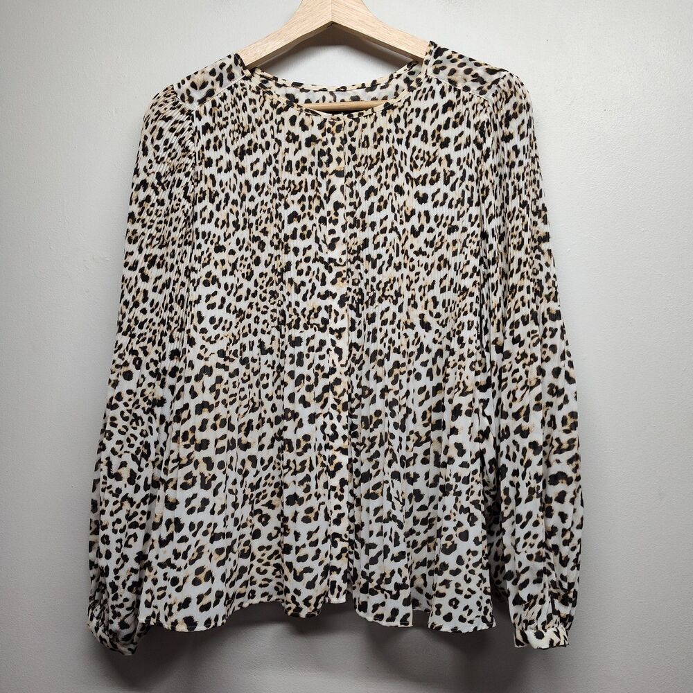 Banana Republic Blouse Top Women M Cream Leopard Animal Print Long Sleeve Casual